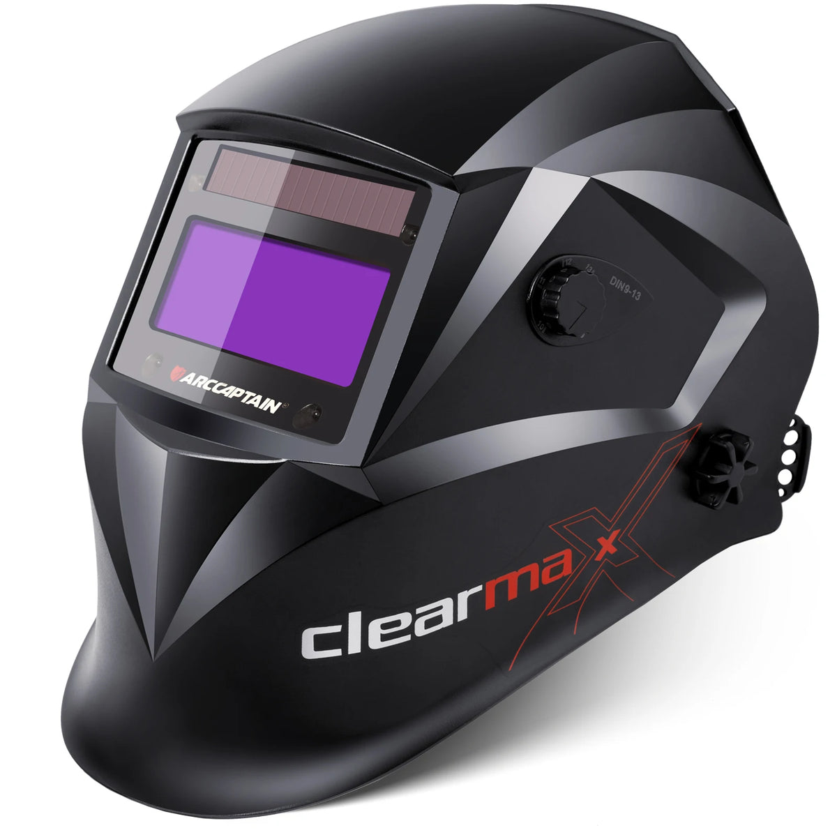 A black auto darkening welding helmet with a purple lens and clearmax branding.
