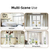 Four images showing multi-scene use of matte black heavy duty curtain rods in a bedroom, living room, kitchen, and dining roo