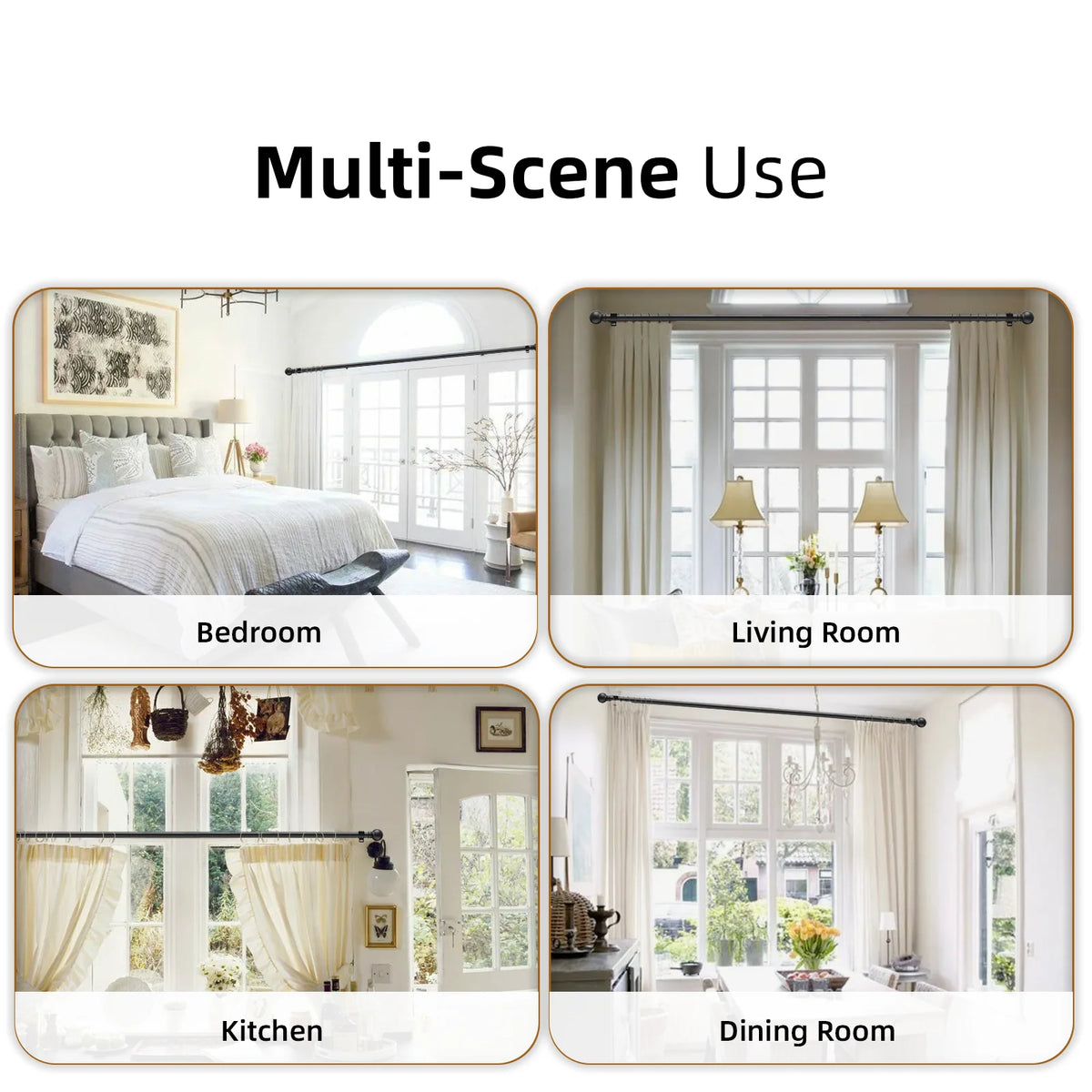 Four images showing multi-scene use of matte black heavy duty curtain rods in a bedroom, living room, kitchen, and dining roo