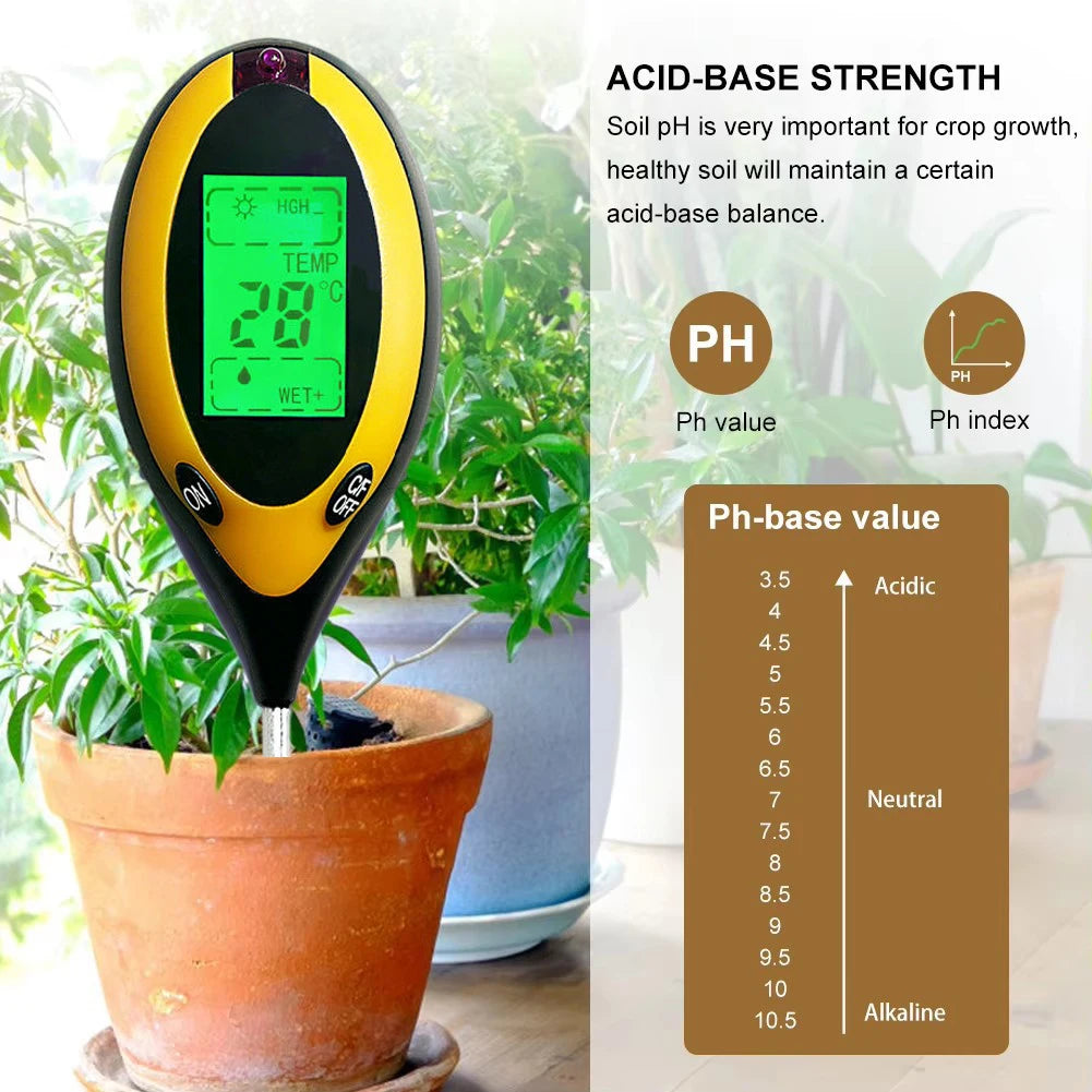 A yellow and black soil pH meter probe inserted into a potted plant, demonstrating soil acidity or alkalinity.