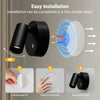 Installation steps for a black touch control LED wall lamp featuring magnetic spotlight and adhesive tape.