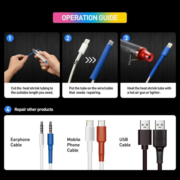 Operation guide showing steps to cut, put on, heat, and repair various electrical cables using heat shrink tubing.