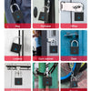 Various smart fingerprint padlocks shown on bags, suitcases, office doors, lockers, gym cabinets, and fences.