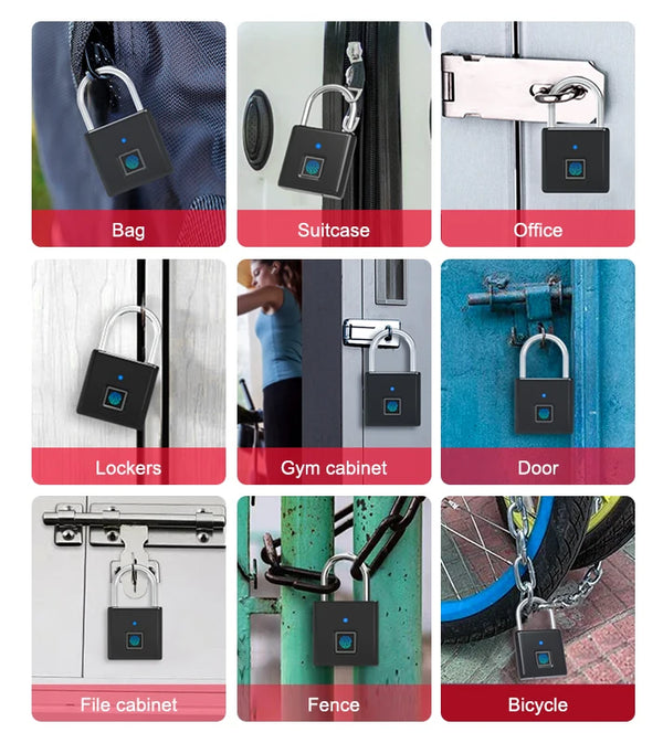 Various smart fingerprint padlocks shown on bags, suitcases, office doors, lockers, gym cabinets, and fences.