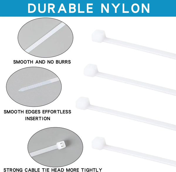Close-up view of white nylon cable ties demonstrating smooth edges and strong cable tie heads