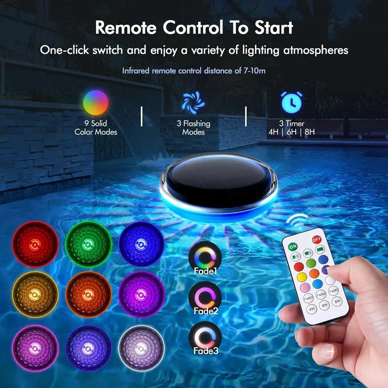 A hand holds a remote control for solar floating pool lights, with various colored light modes displayed below.