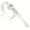 A white precision ring measuring tool with a magnifying lens and numbered scale for measuring rings.