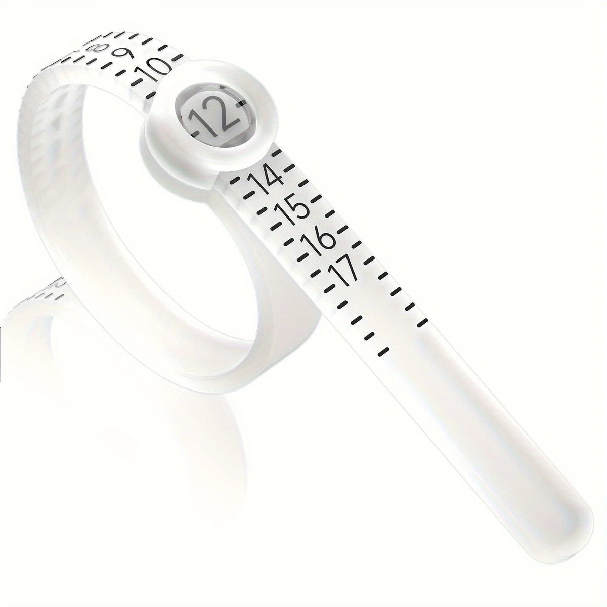 A white precision ring measuring tool with a magnifying lens and numbered scale for measuring rings.