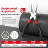 A pair of black and silver straight-ended acupoint pliers with a red grip shown against a dark background.