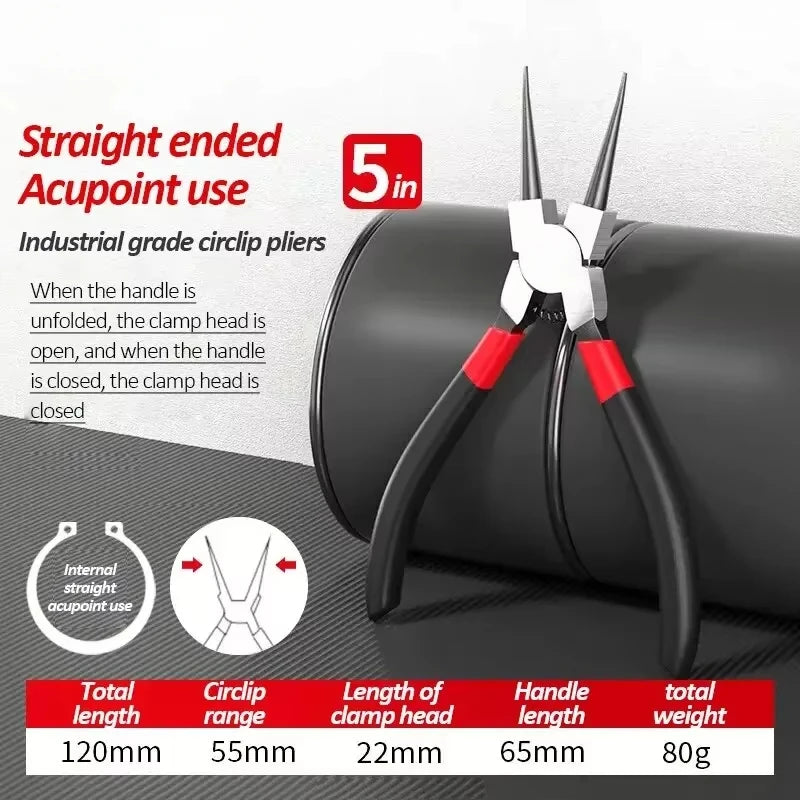 A pair of black and silver straight-ended acupoint pliers with a red grip shown against a dark background.