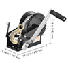 A heavy duty hand winch with a steel cable and two-way ratchet mechanism shown in profile.