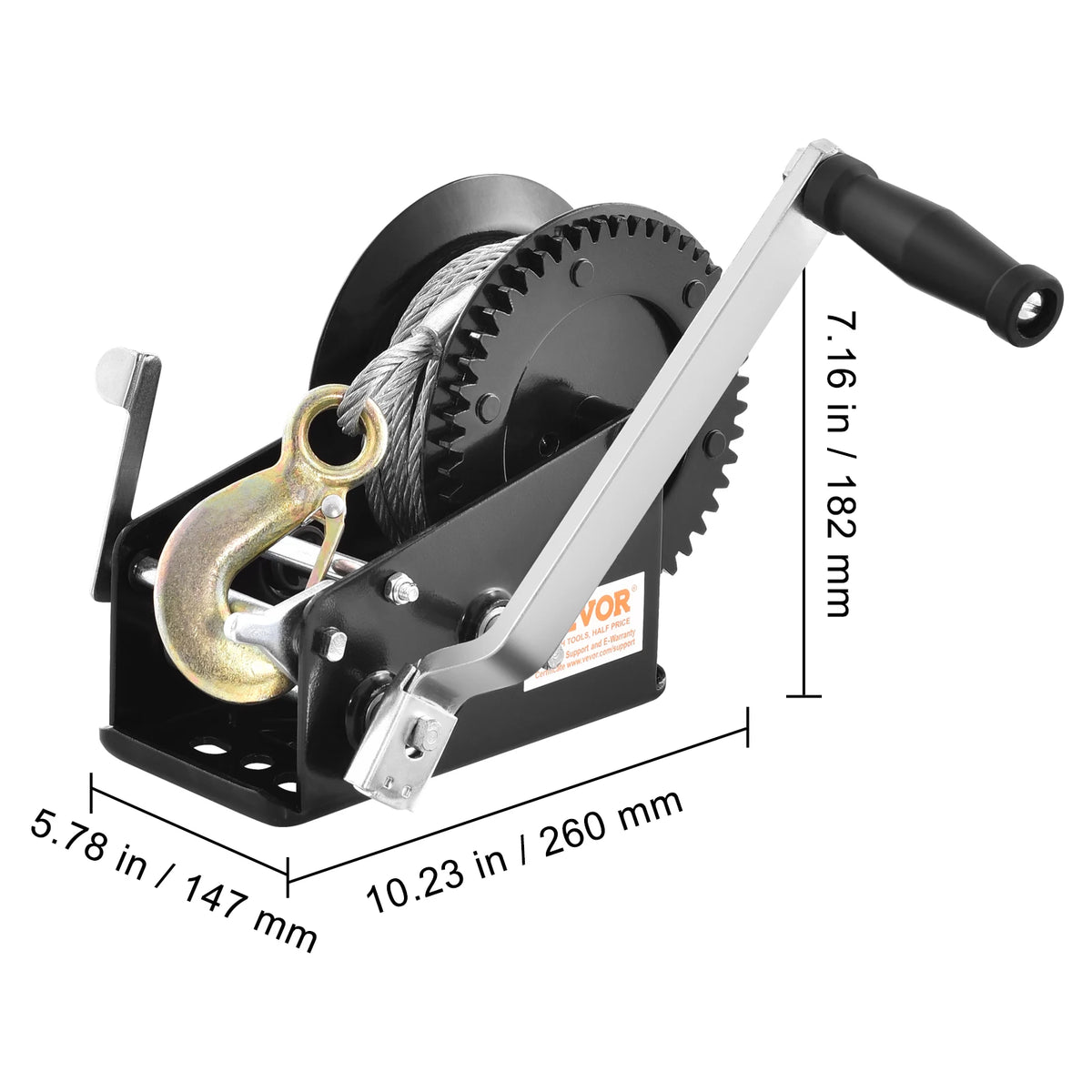 A heavy duty hand winch with a steel cable and two-way ratchet mechanism shown in profile.
