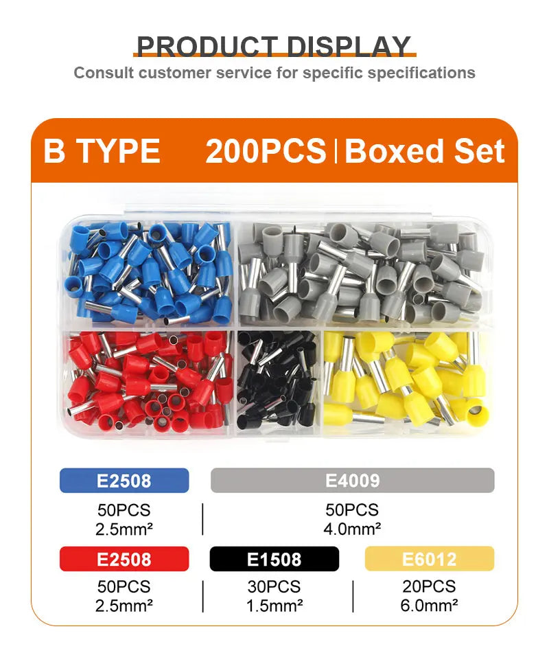 Boxed set of B type crimp terminals including various sizes and materials like copper, steel, and brass.