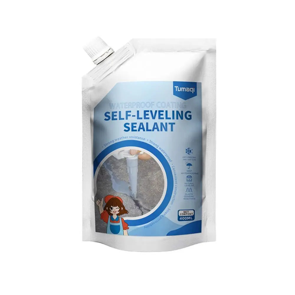 A white pouch of Tumaqi self-leveling sealant for waterproof concrete crack repair.