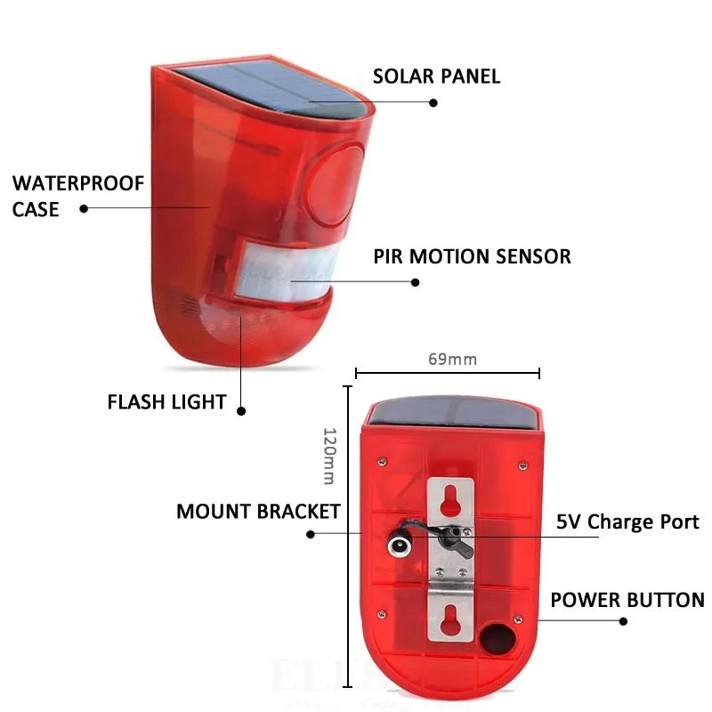 A red solar motion security alarm device with a waterproof case, flash light, and power button.