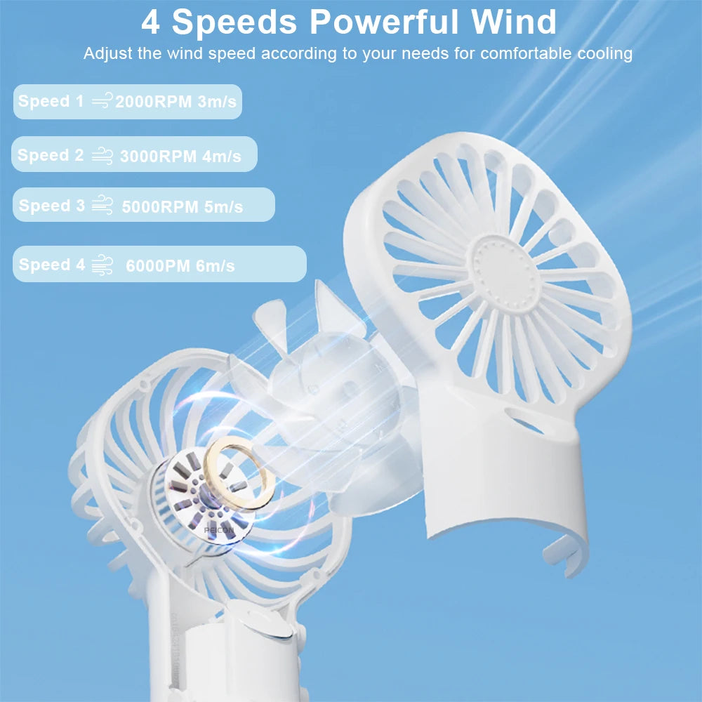 A white portable mist fan with four speed settings displayed, showing airflow and cooling capabilities.