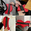 Hands demonstrate the precision plastic contour measuring ruler in black and red on a white arm.