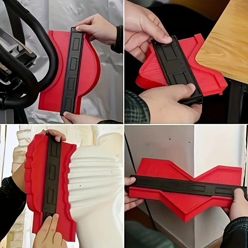 Hands demonstrate the precision plastic contour measuring ruler in black and red on a white arm.