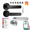 A smart digital lock device shown with its components and various language options.