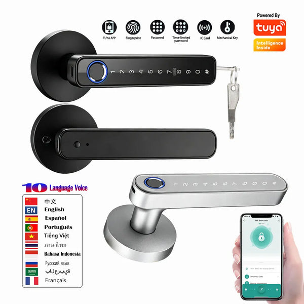 A smart digital lock device shown with its components and various language options.