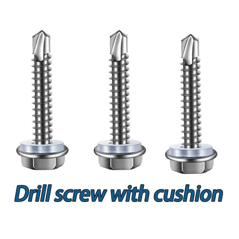 Three stainless steel drill screws with cushioning tips shown vertically.