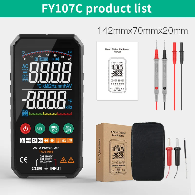 A black digital multimeter with a display showing 8.888V and various test leads and accessories.