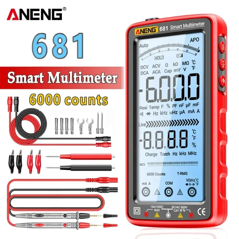 Red Aneng 681 Smart Multimeter with various test probes and accessories