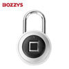 A silver smart fingerprint padlock with a round body and a keyhole.