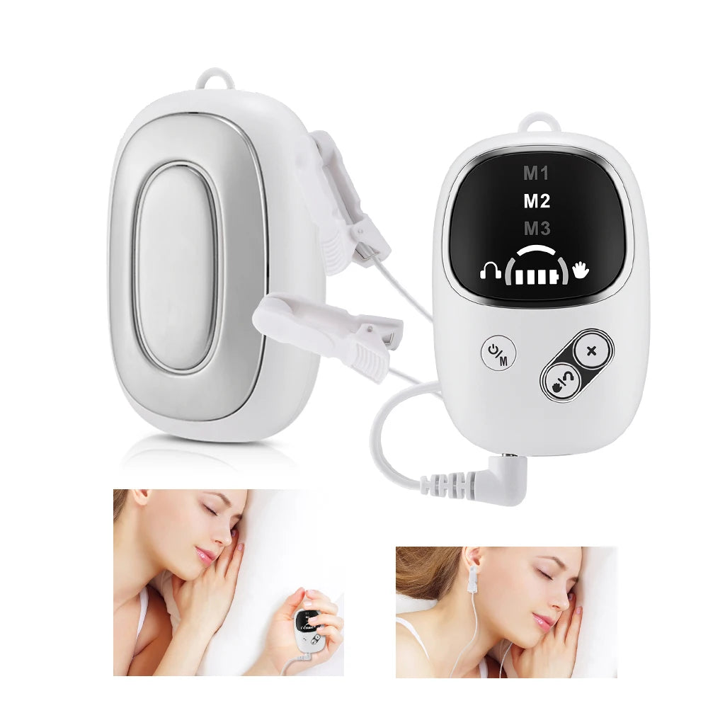 Dispositivo masajeador portátil blanco con múltiples modos y cable, mostrado junto a la cara de una mujer.