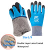 Blue and gray double layer latex coated waterproof work gloves, size L/9