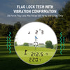 A laser rangefinder device is shown with a target and distance measurements on a golf course landscape.