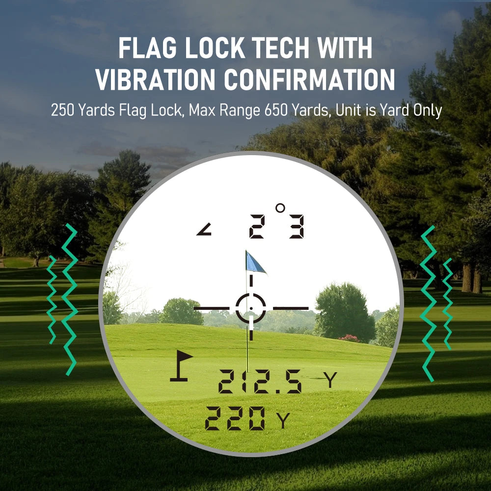 A laser rangefinder device is shown with a target and distance measurements on a golf course landscape.
