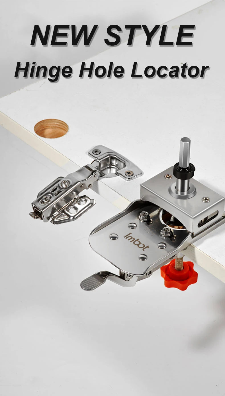 A silver hinge hole locator tool is shown next to a wooden circle, demonstrating its use for locating cabinet hinges.