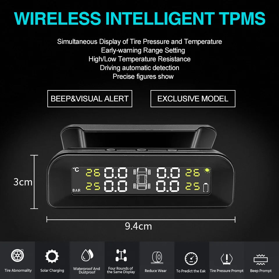 A black wireless intelligent TPMS device displaying tire pressure and temperature readings.