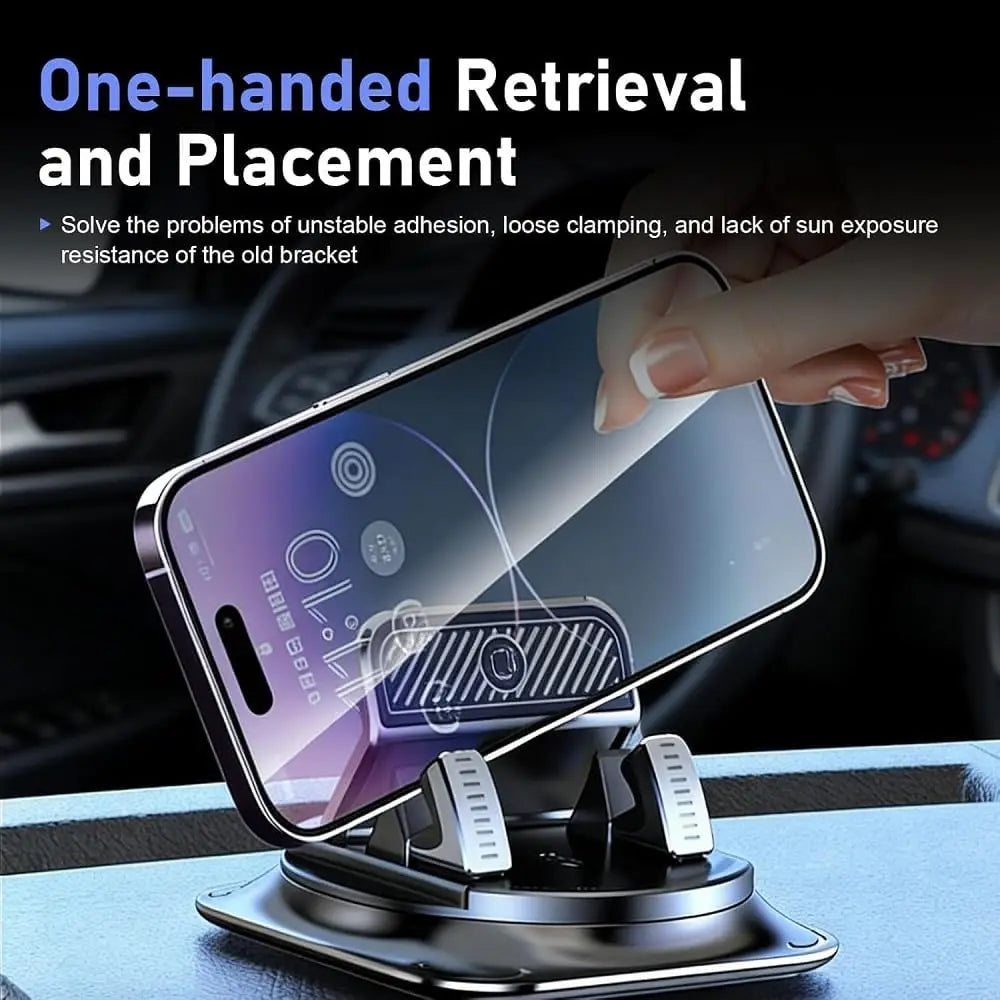 Una mano coloca un smartphone en un soporte universal para tablero diseñado para su agarre con una sola mano.