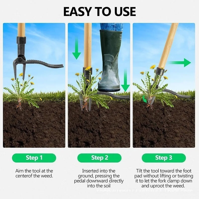 Three steps showing how to use an adjustable vertical weed puller tool to remove weeds from the soil.