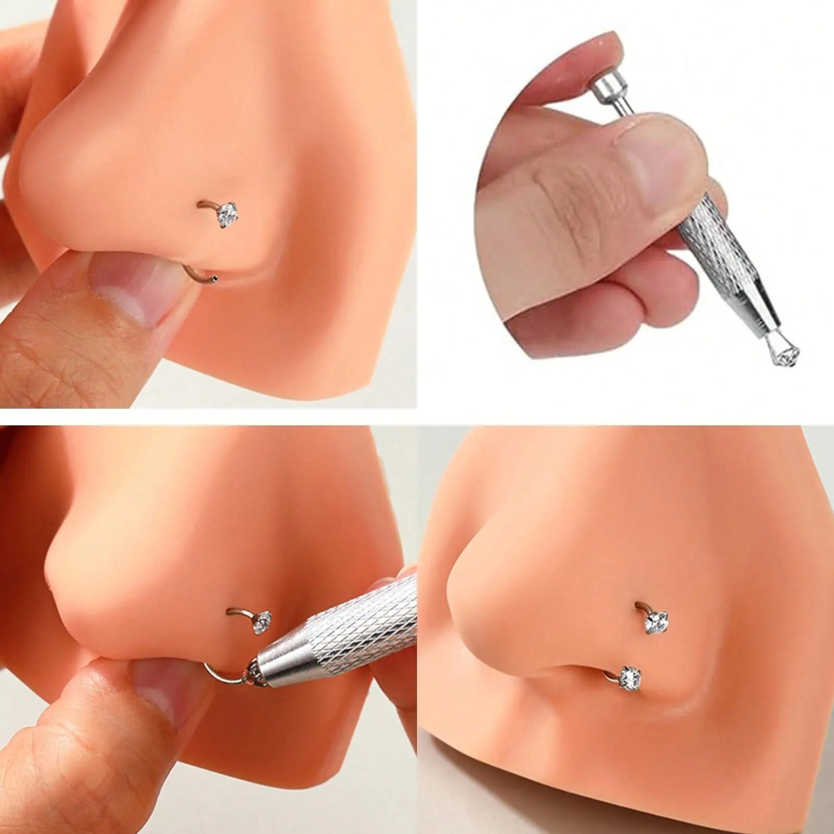 Stainless steel ball grabber kit showing a close-up of a nose piercing and the tool used to grab jewelry