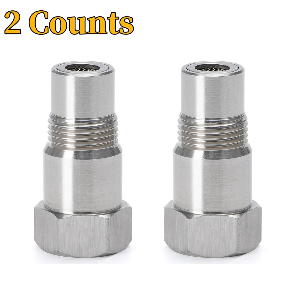 Two silver precision oxygen sensor adapters with threaded ends and hexagonal bases