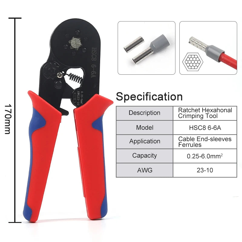 A pair of red and blue crimping tools with a hexagonal die and a wire end-sleeve ferrule shown next to specifications.