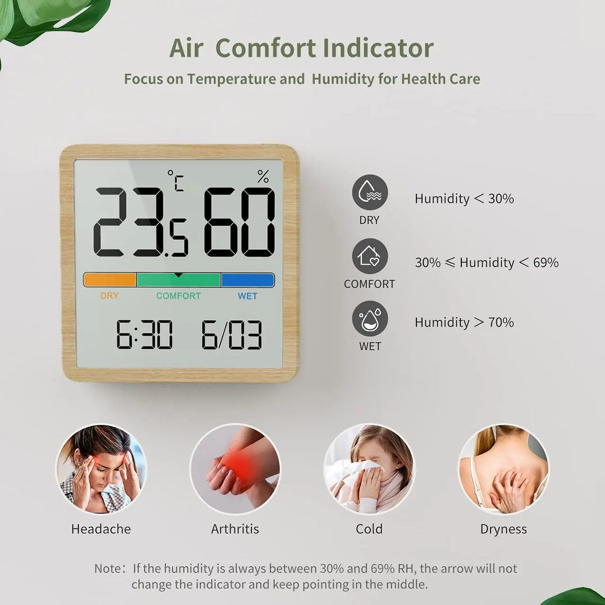 Air Comfort Indicator digital device showing temperature humidity level and comfort status for health care