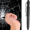 A black tactical self-defense pen is shown next to a hand breaking a spiderweb pattern on a dark surface.