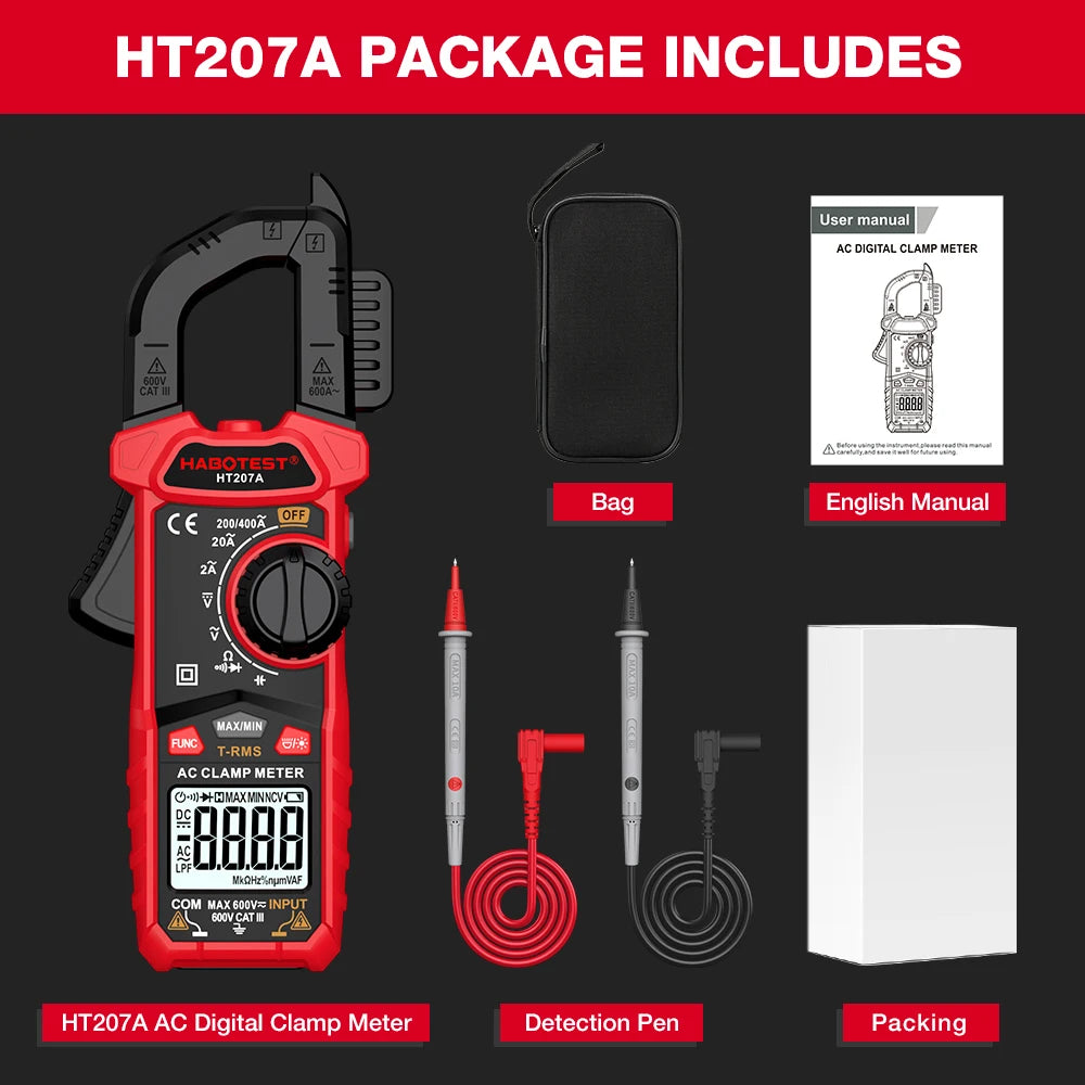 Image showing the HT207A AC Digital Clamp Meter, detection pen, and packaging.
