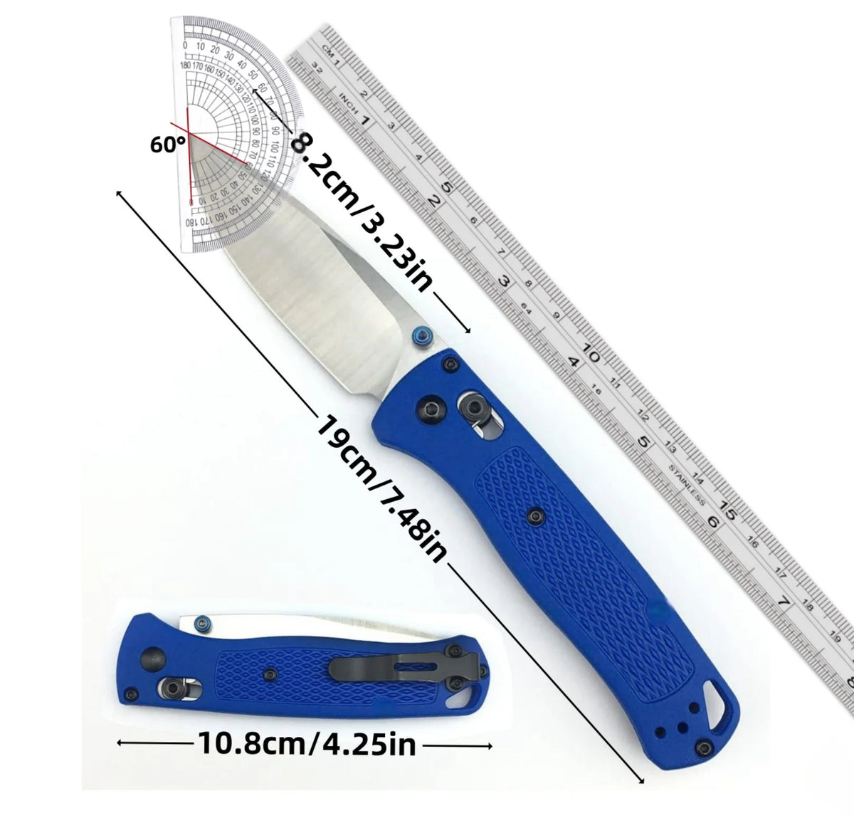 Un couteau EDC pliable bleu avec un angle de lame de 60 degrés et diverses dimensions montrées à côté d'une règle.