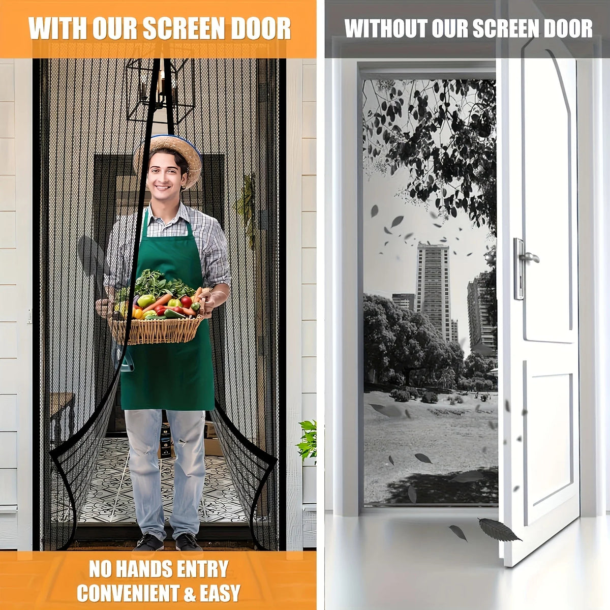 Comparison image showing a person with a fruit basket using a screen door versus a regular door.