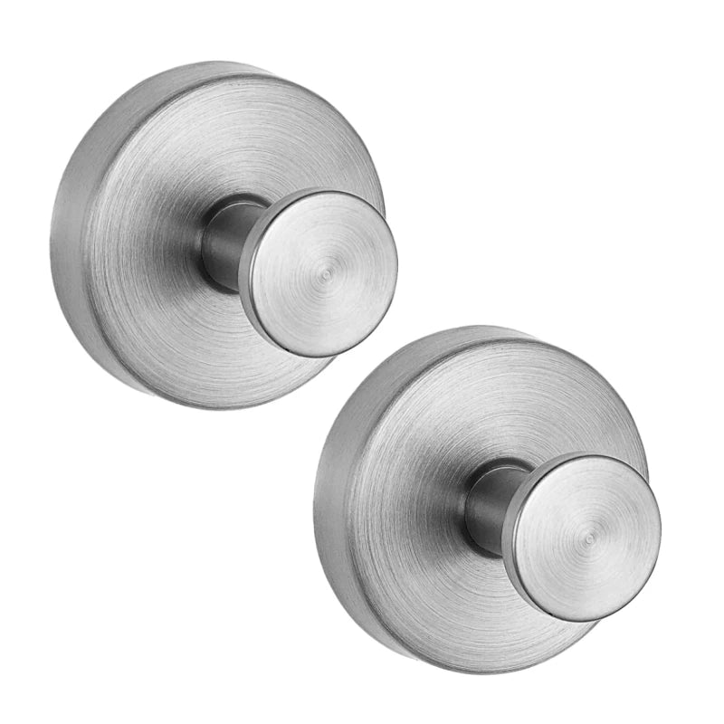 A close-up view of a round, brushed stainless steel shower hook with a circular mounting plate.