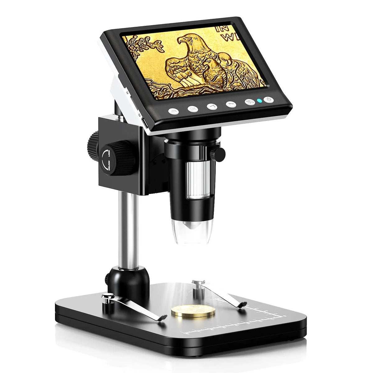 Un microscopio digital negro con ocular de tono amarillo y plataforma de montaje.