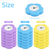 Tres kits de cepillos de inodoro reutilizables en colores morado, azul y amarillo