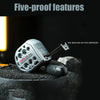 Silver heavy duty retractable metric tape measure with five-proof features resting on a dark surface.