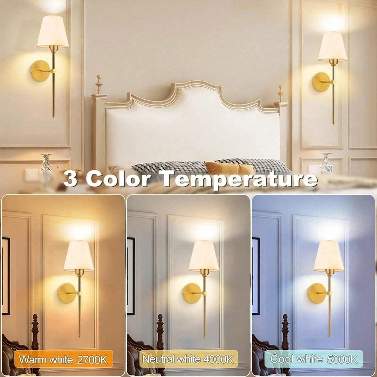 Three color temperature options for a dimmable wireless wall lamp featuring warm, neutral, and cool white light.