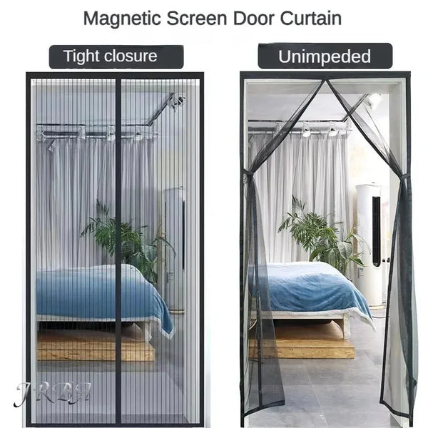 Comparison of a tight closure magnetic mesh screen door curtain and an unimpeded version.